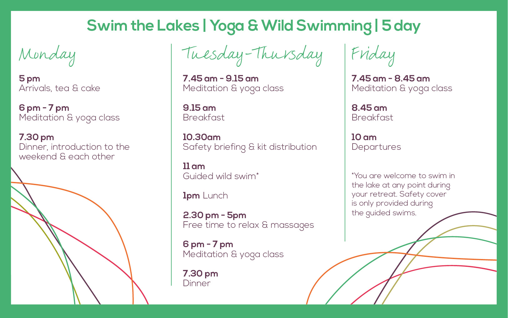itinerary for Swim the Lakes 5 day retreat