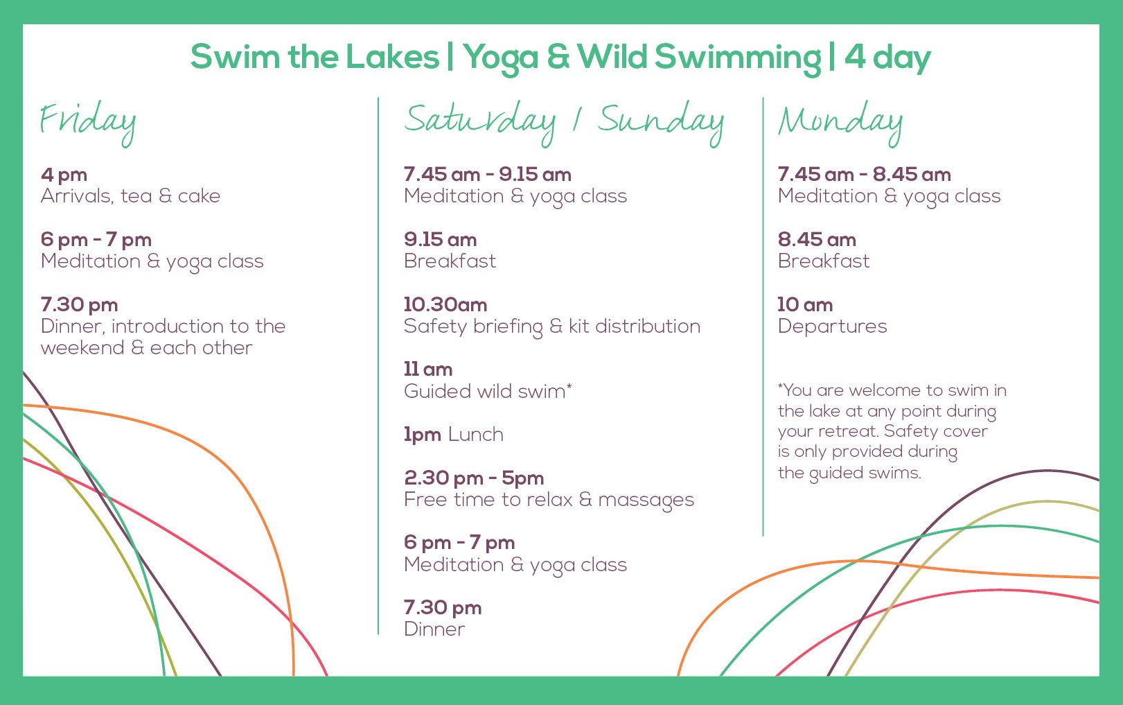 itinerary for Swim the Lakes 5 day retreat